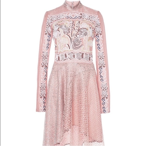 Peter Pilotto Embroidered Mesh Net Overlay Long Sleeve Asymmetric Dress Sz 10 - Picture 1 of 13
